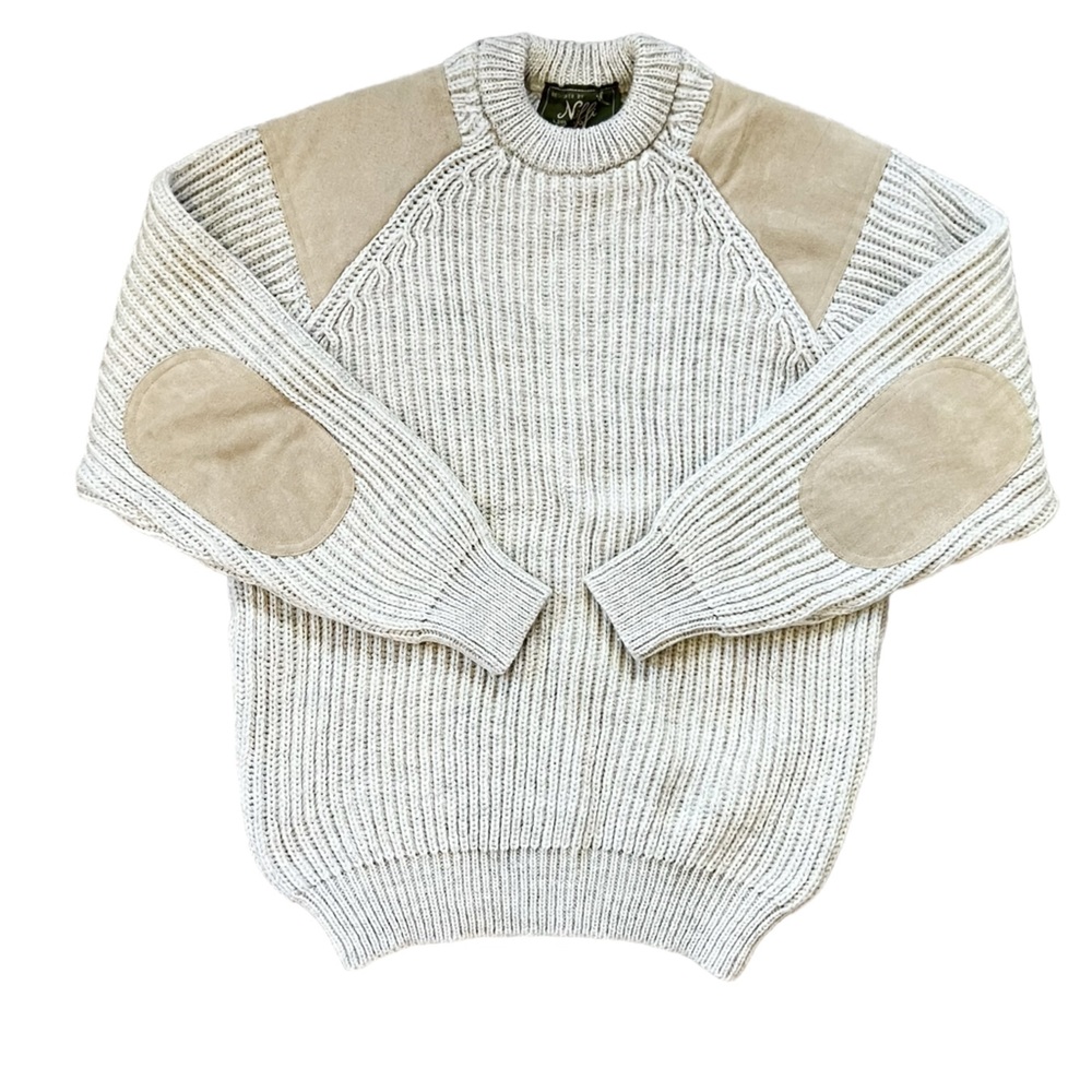 NIFFI 100% PURE NEW WOOL SUEDE TRIM WINTER THICK SWEATER MEN'S M MADE IN ENGLAND